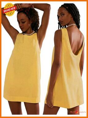 Linen Blend Mini Dress Boat Neck Low Back Sleeveless Tank with Pockets